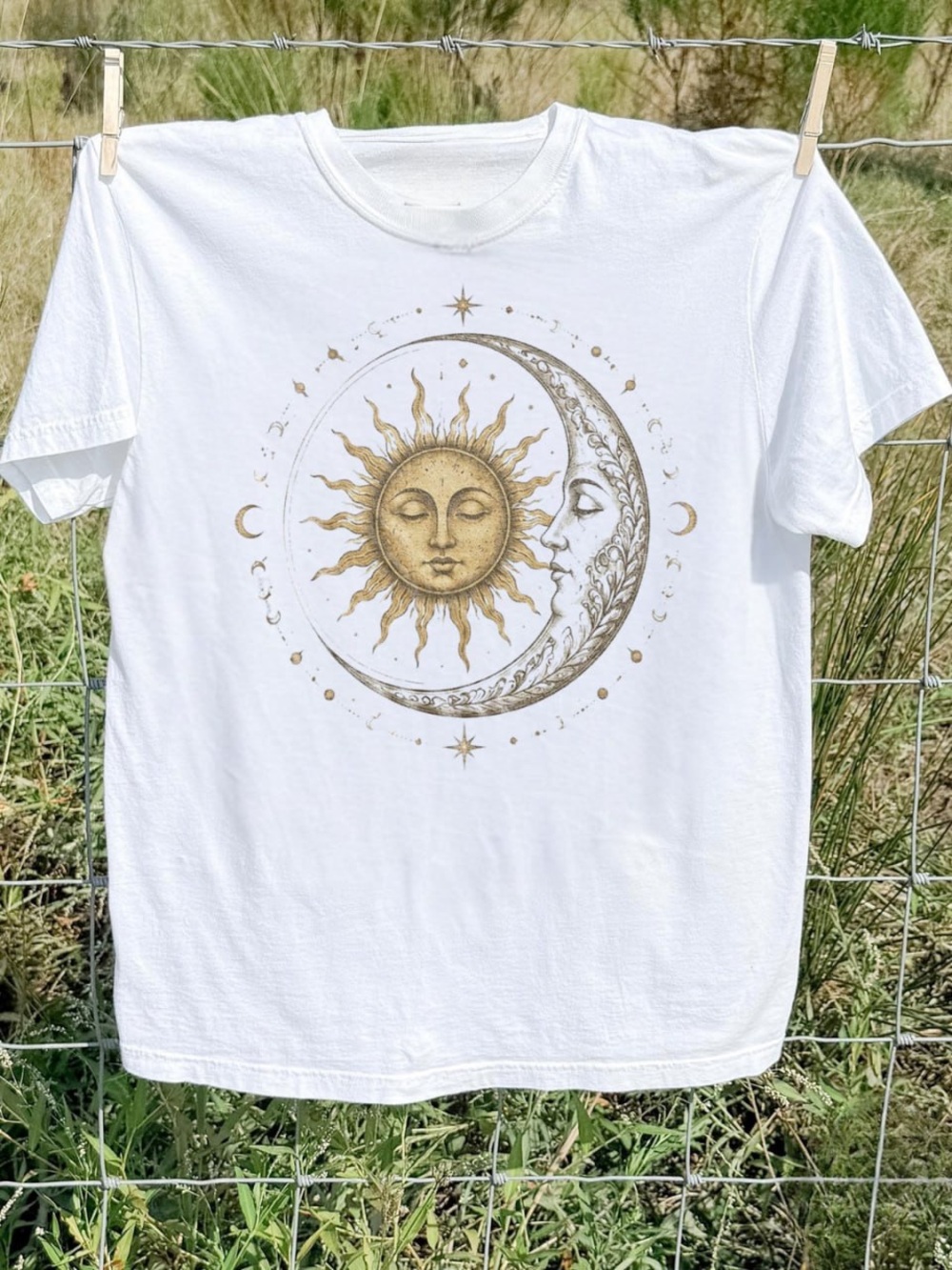 Sun & Moon Graphic T‑Shirt — White with Gold Print